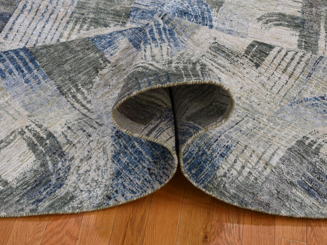 8'0" x 8'0" New Hand Knotted Blue Wool & Silk Round Oriental Rug - MOA10259156