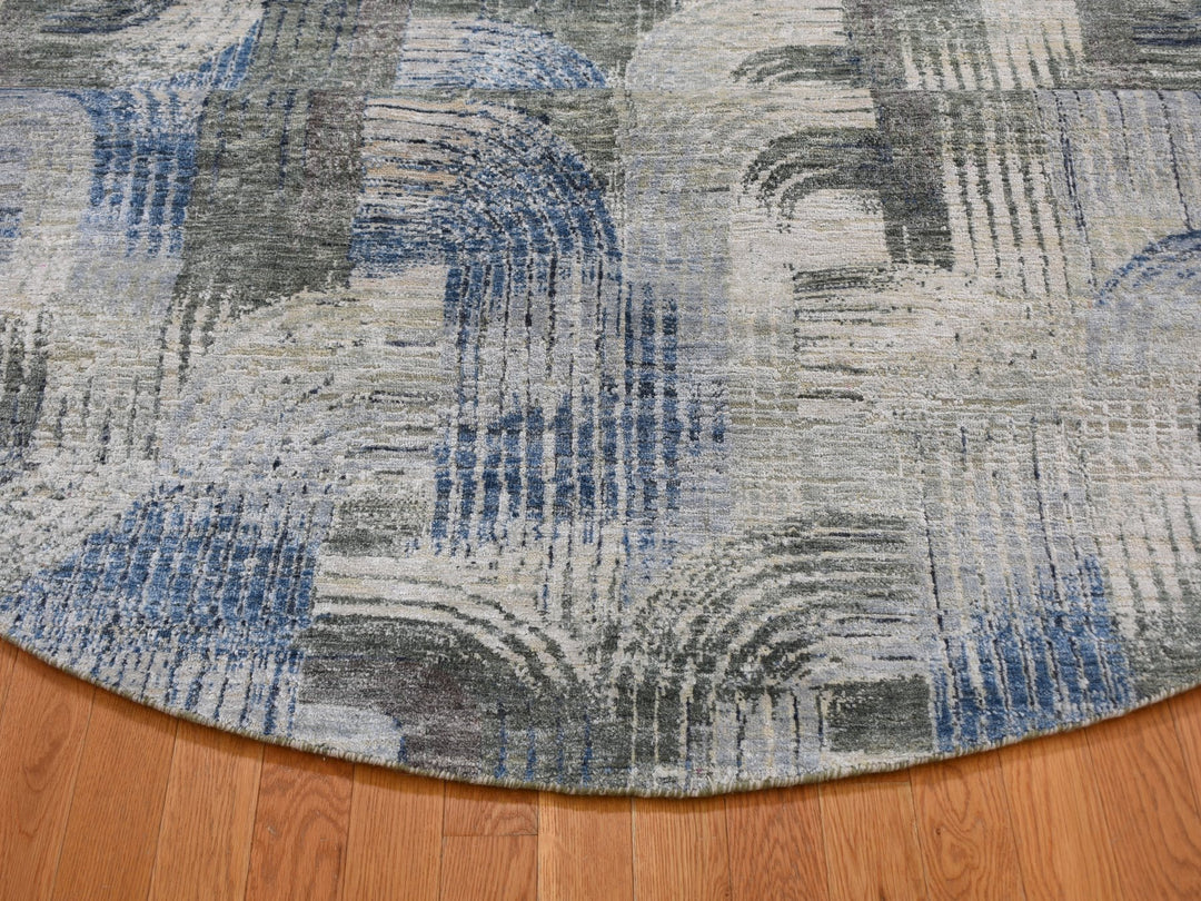 8'0" x 8'0" New Hand Knotted Blue Wool & Silk Round Oriental Rug - MOA10259156