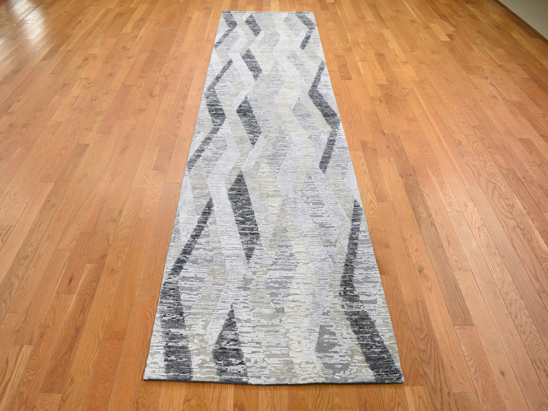 3'0" x 12'0" New Hand Knotted Grey Wool & Silk Runner Oriental Rug - MOA10259162