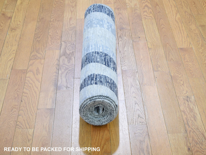 3'0" x 12'0" New Hand Knotted Grey Wool & Silk Runner Oriental Rug - MOA10259162