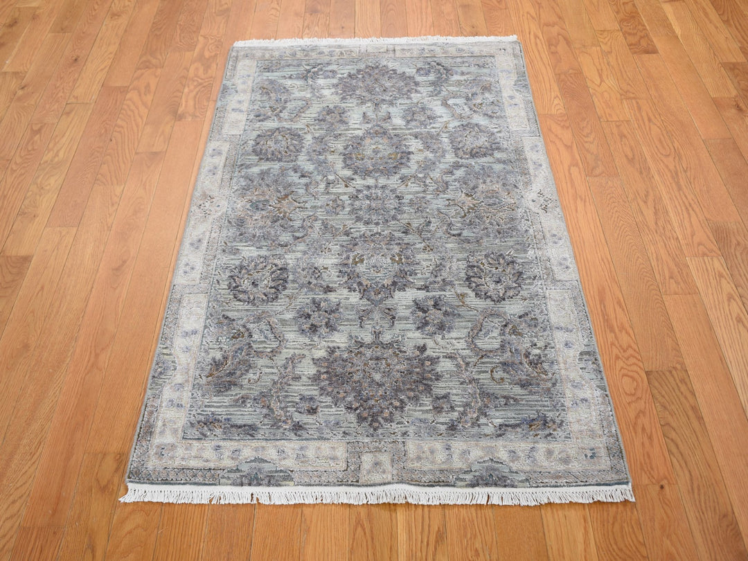 3'0" x 5'2" New Hand Knotted Green Wool & Silk Rectangle Oriental Rug - MOA10259163