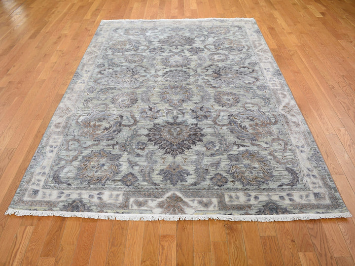 6'0" x 9'1" New Hand Knotted Green Wool & Silk Rectangle Oriental Rug - MOA10259164