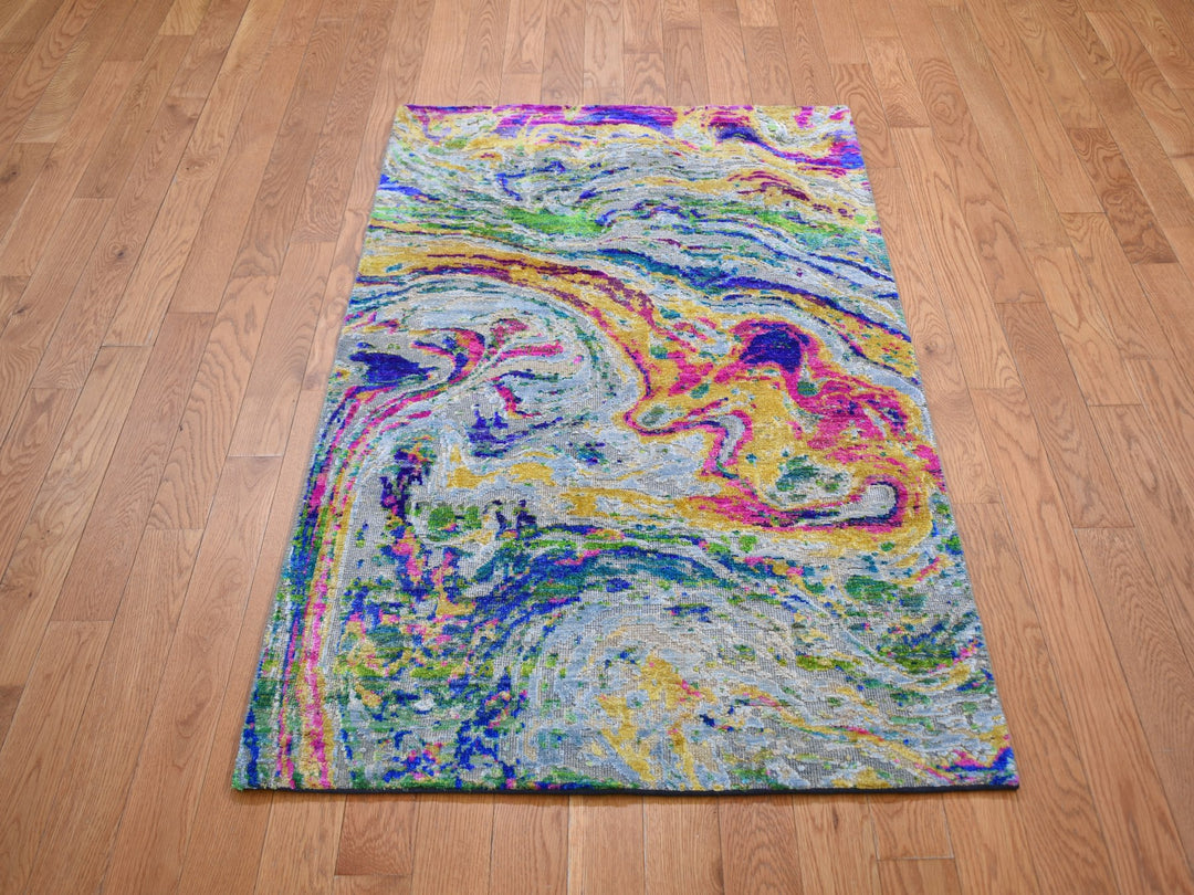 3'0" x 5'0" New Hand Knotted Yellow Wool & Sari Silk Rectangle Oriental Rug - MOA10259167