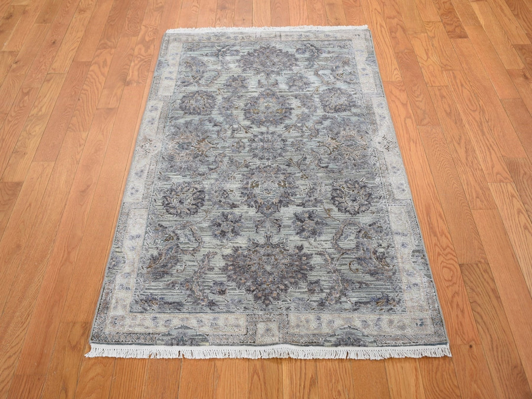 3'1" x 5'0" New Hand Knotted Green Wool & Silk Rectangle Oriental Rug - MOA10259169