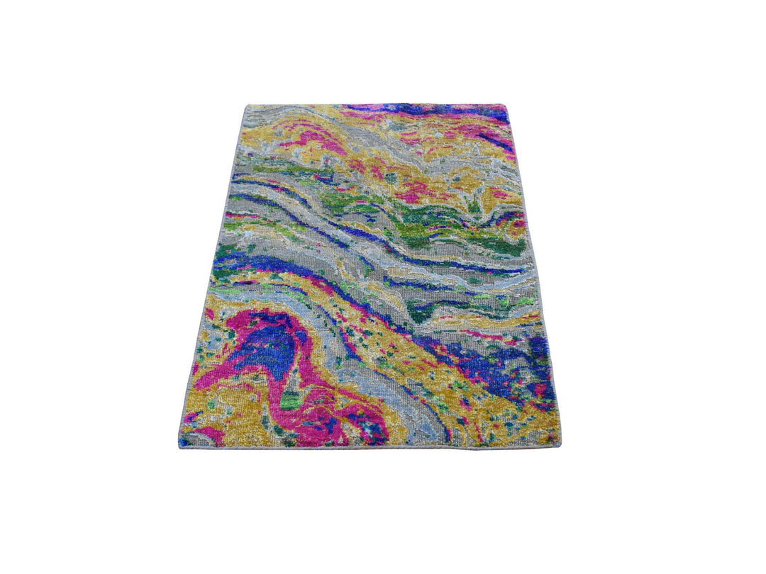 2'0" x 3'0" New Hand Knotted Grey Wool & Sari Silk Rectangle Oriental Rug - MOA10259170