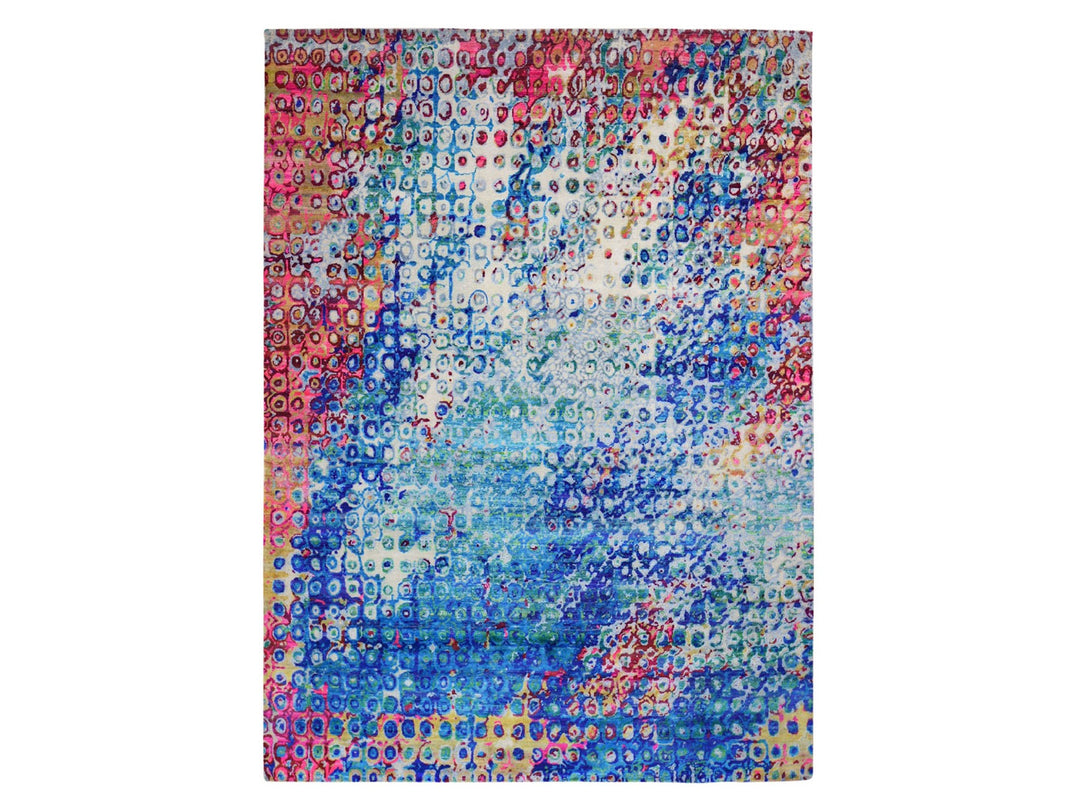 9'0" x 12'0" New Hand Knotted Blue Wool & Sari Silk Rectangle Oriental Rug - MOA10259252