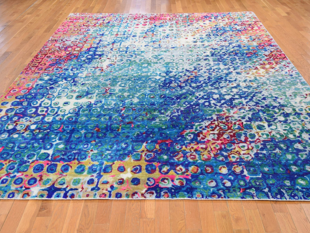 9'0" x 12'0" New Hand Knotted Blue Wool & Sari Silk Rectangle Oriental Rug - MOA10259252