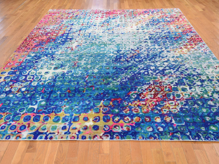 9'0" x 12'0" New Hand Knotted Blue Wool & Sari Silk Rectangle Oriental Rug - MOA10259252