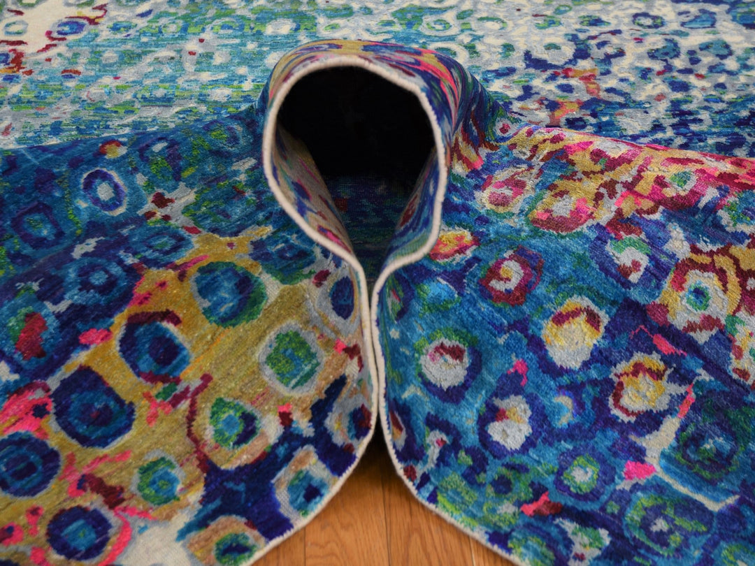 9'0" x 12'0" New Hand Knotted Blue Wool & Sari Silk Rectangle Oriental Rug - MOA10259252