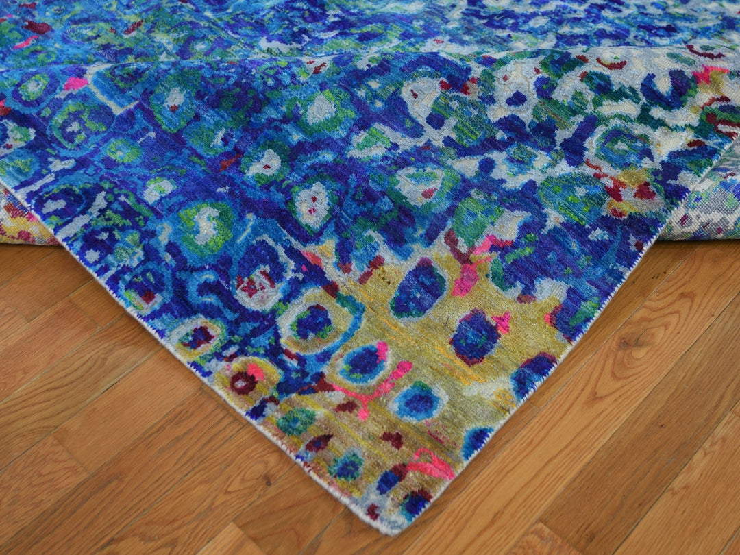 9'0" x 12'0" New Hand Knotted Blue Wool & Sari Silk Rectangle Oriental Rug - MOA10259252