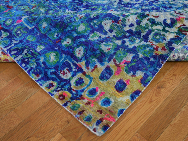 9'0" x 12'0" New Hand Knotted Blue Wool & Sari Silk Rectangle Oriental Rug - MOA10259252