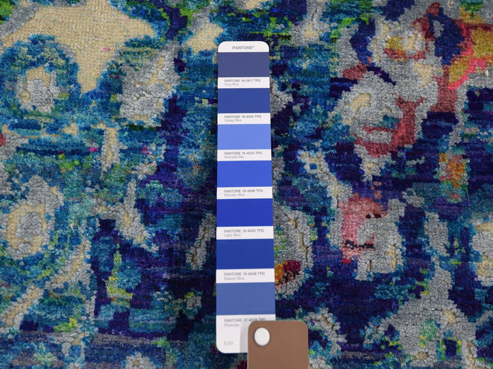 9'0" x 12'0" New Hand Knotted Blue Wool & Sari Silk Rectangle Oriental Rug - MOA10259252