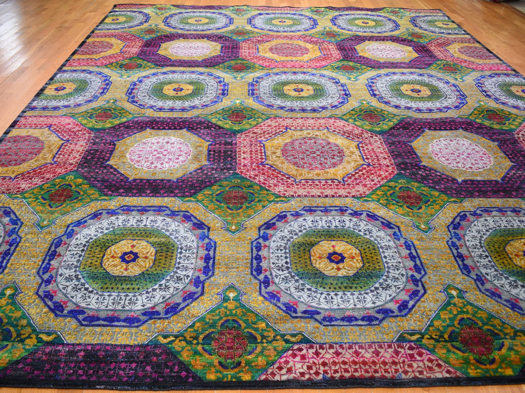 12'0" x 15'3" New Hand Knotted Yellow Wool & Sari Silk Rectangle Oriental Rug - MOA10259263