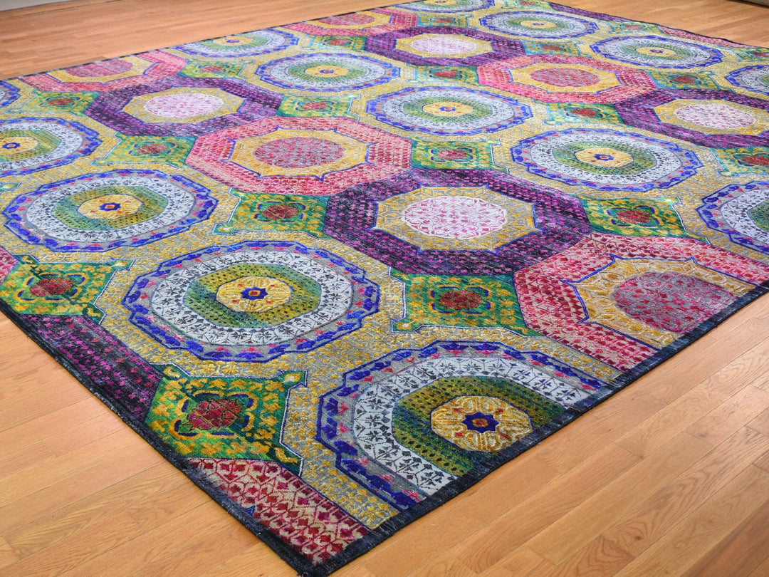 12'0" x 15'3" New Hand Knotted Yellow Wool & Sari Silk Rectangle Oriental Rug - MOA10259263