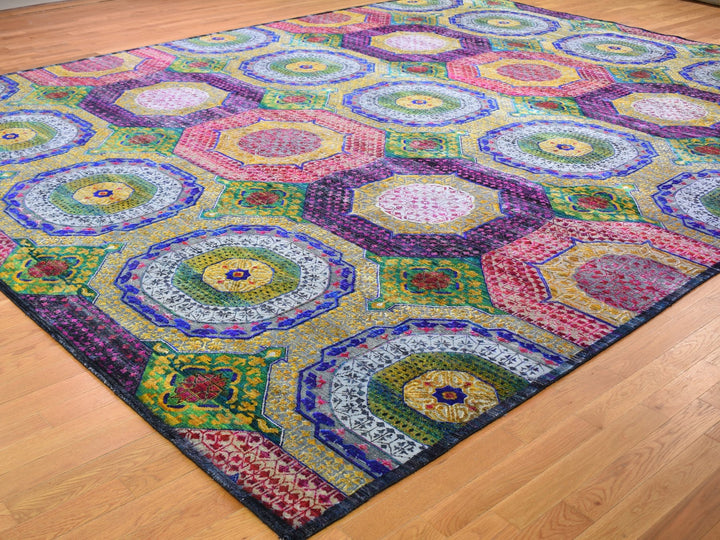 12'0" x 15'3" New Hand Knotted Yellow Wool & Sari Silk Rectangle Oriental Rug - MOA10259263