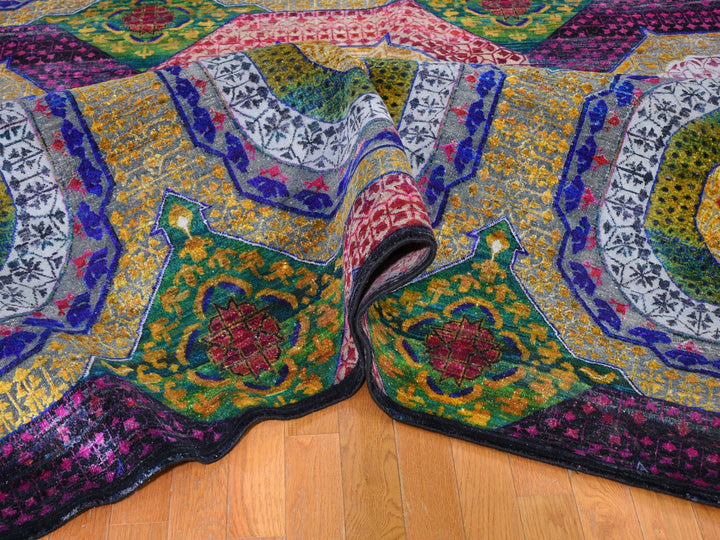 12'0" x 15'3" New Hand Knotted Yellow Wool & Sari Silk Rectangle Oriental Rug - MOA10259263