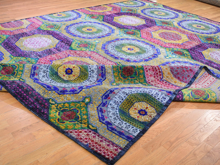 12'0" x 15'3" New Hand Knotted Yellow Wool & Sari Silk Rectangle Oriental Rug - MOA10259263