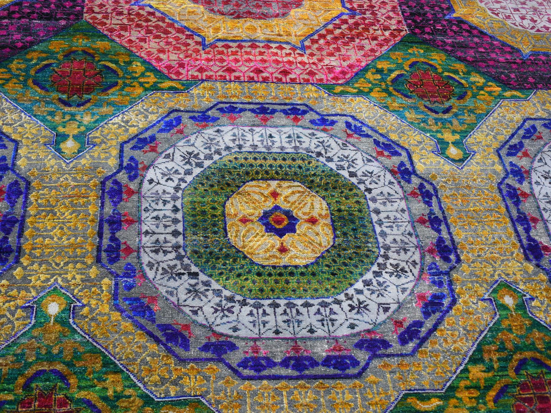 12'0" x 15'3" New Hand Knotted Yellow Wool & Sari Silk Rectangle Oriental Rug - MOA10259263