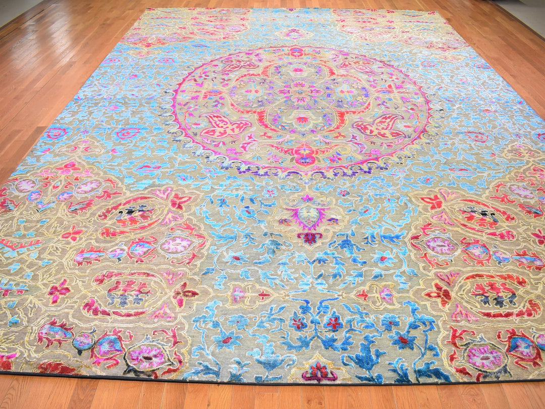 11'10" x 15'0" New Hand Knotted Grey Wool & Sari Silk Rectangle Oriental Rug - MOA10259264