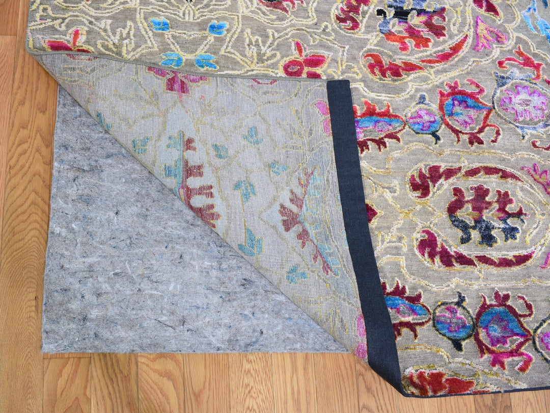 11'10" x 15'0" New Hand Knotted Grey Wool & Sari Silk Rectangle Oriental Rug - MOA10259264