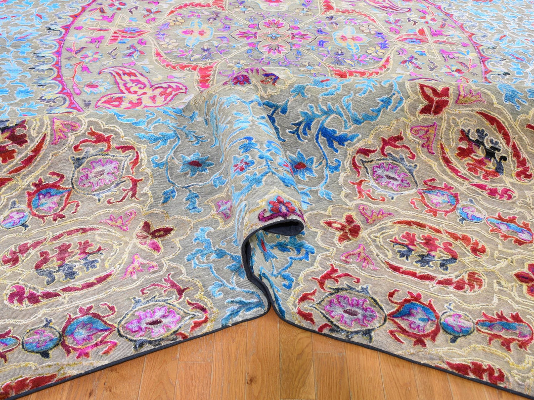 11'10" x 15'0" New Hand Knotted Grey Wool & Sari Silk Rectangle Oriental Rug - MOA10259264