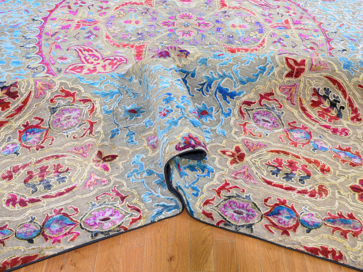 11'10" x 15'0" New Hand Knotted Grey Wool & Sari Silk Rectangle Oriental Rug - MOA10259264