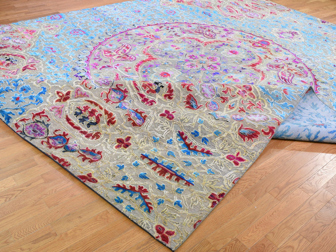 11'10" x 15'0" New Hand Knotted Grey Wool & Sari Silk Rectangle Oriental Rug - MOA10259264