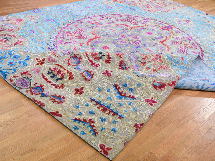 11'10" x 15'0" New Hand Knotted Grey Wool & Sari Silk Rectangle Oriental Rug - MOA10259264