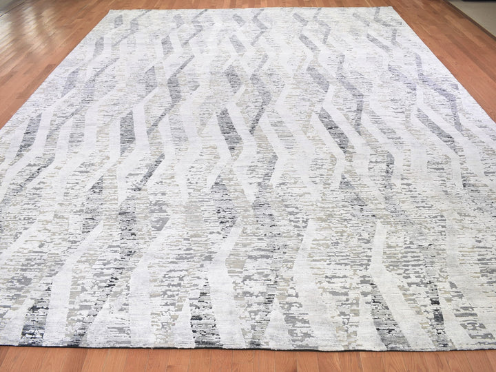 11'10" x 15'2" New Hand Knotted Ivory Wool & Silk Rectangle Oriental Rug - MOA10259268