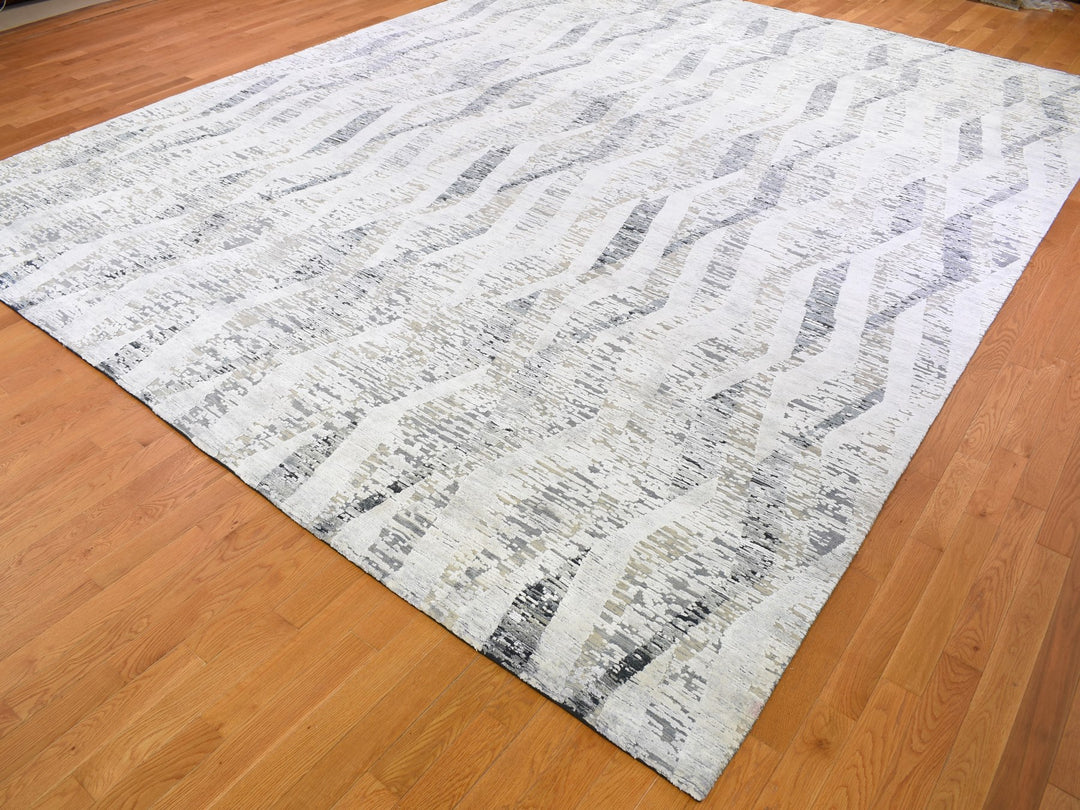 11'10" x 15'2" New Hand Knotted Ivory Wool & Silk Rectangle Oriental Rug - MOA10259268