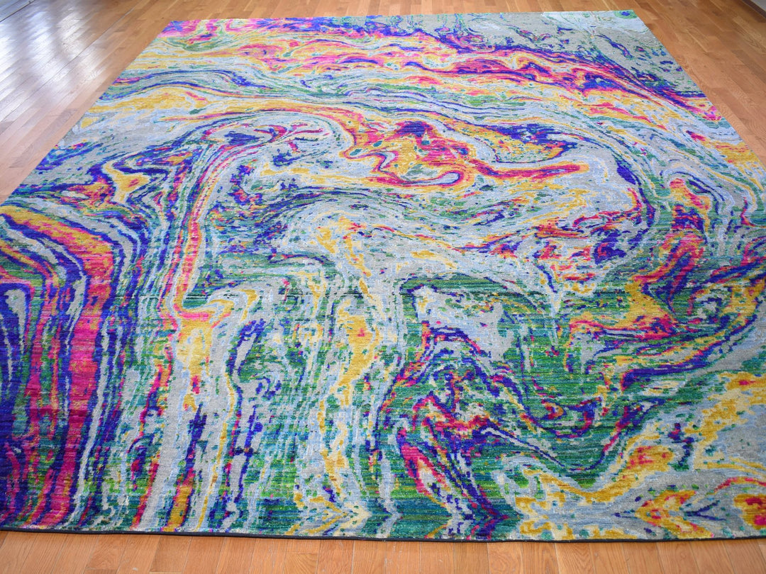 11'7" x 14'5" New Hand Knotted Yellow Wool & Silk Rectangle Oriental Rug - MOA10259270