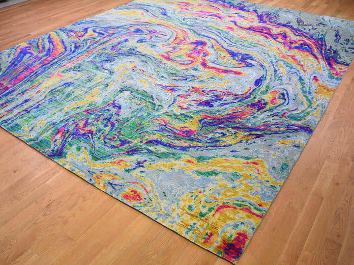 11'7" x 14'5" New Hand Knotted Yellow Wool & Silk Rectangle Oriental Rug - MOA10259270