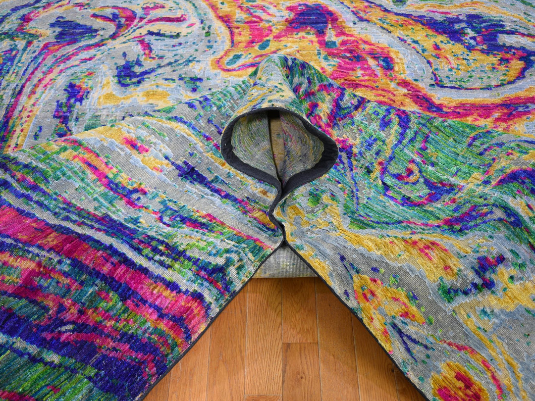 11'7" x 14'5" New Hand Knotted Yellow Wool & Silk Rectangle Oriental Rug - MOA10259270