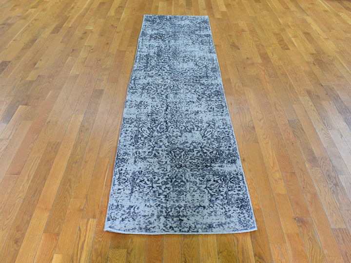 2'5" x 10'1" New Hand Loomed Grey Wool & Silk Runner Oriental Rug - MOA10259360