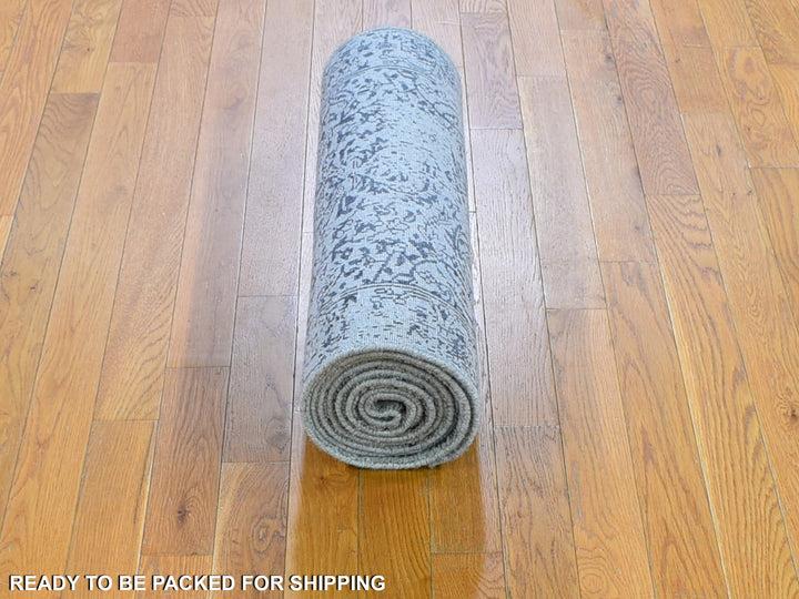 2'5" x 10'1" New Hand Loomed Grey Wool & Silk Runner Oriental Rug - MOA10259360