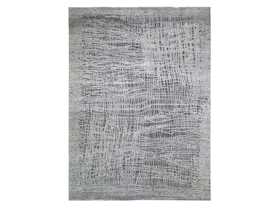 9'0" x 12'1" New Hand Knotted Grey Wool & Silk Rectangle Oriental Rug - MOA10259369