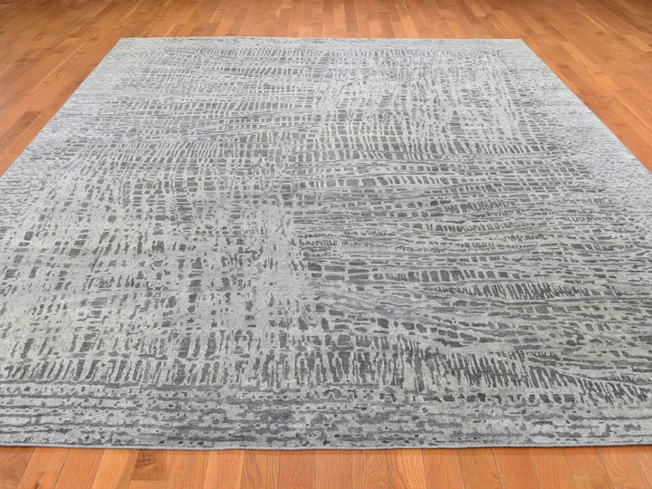 9'0" x 12'1" New Hand Knotted Grey Wool & Silk Rectangle Oriental Rug - MOA10259369