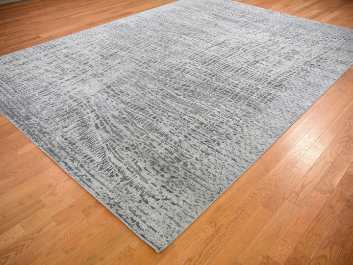 9'0" x 12'1" New Hand Knotted Grey Wool & Silk Rectangle Oriental Rug - MOA10259369