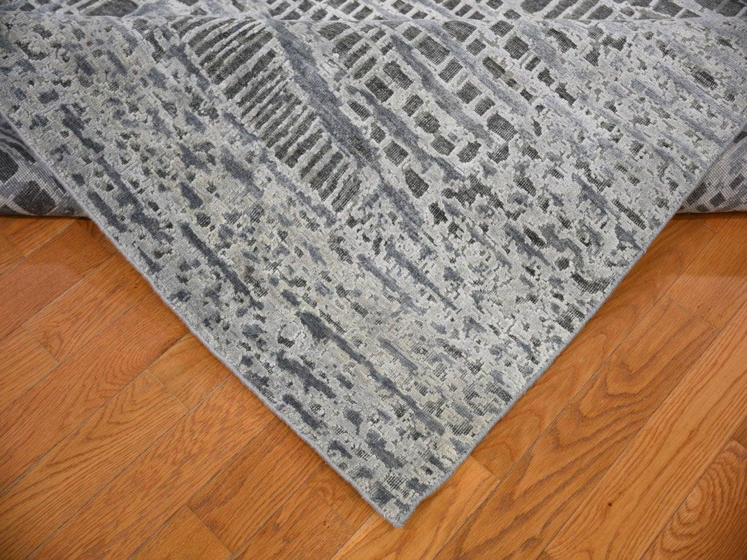 9'0" x 12'1" New Hand Knotted Grey Wool & Silk Rectangle Oriental Rug - MOA10259369