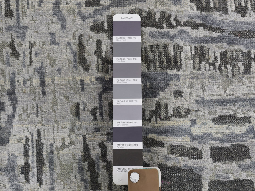 9'0" x 12'1" New Hand Knotted Grey Wool & Silk Rectangle Oriental Rug - MOA10259369