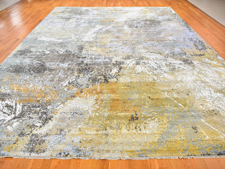 12'0" x 18'2" New Hand Knotted Grey Wool & Silk Rectangle Oriental Rug - MOA10259438