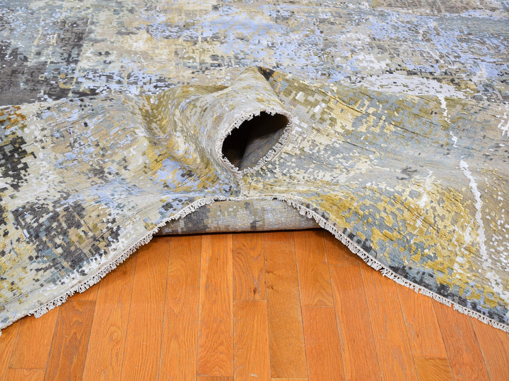 12'0" x 18'2" New Hand Knotted Grey Wool & Silk Rectangle Oriental Rug - MOA10259438