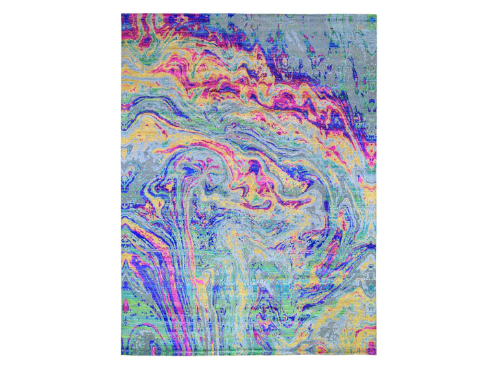 9'10" x 13'7" New Hand Knotted Yellow Wool & Sari Silk Rectangle Oriental Rug - MOA10259470