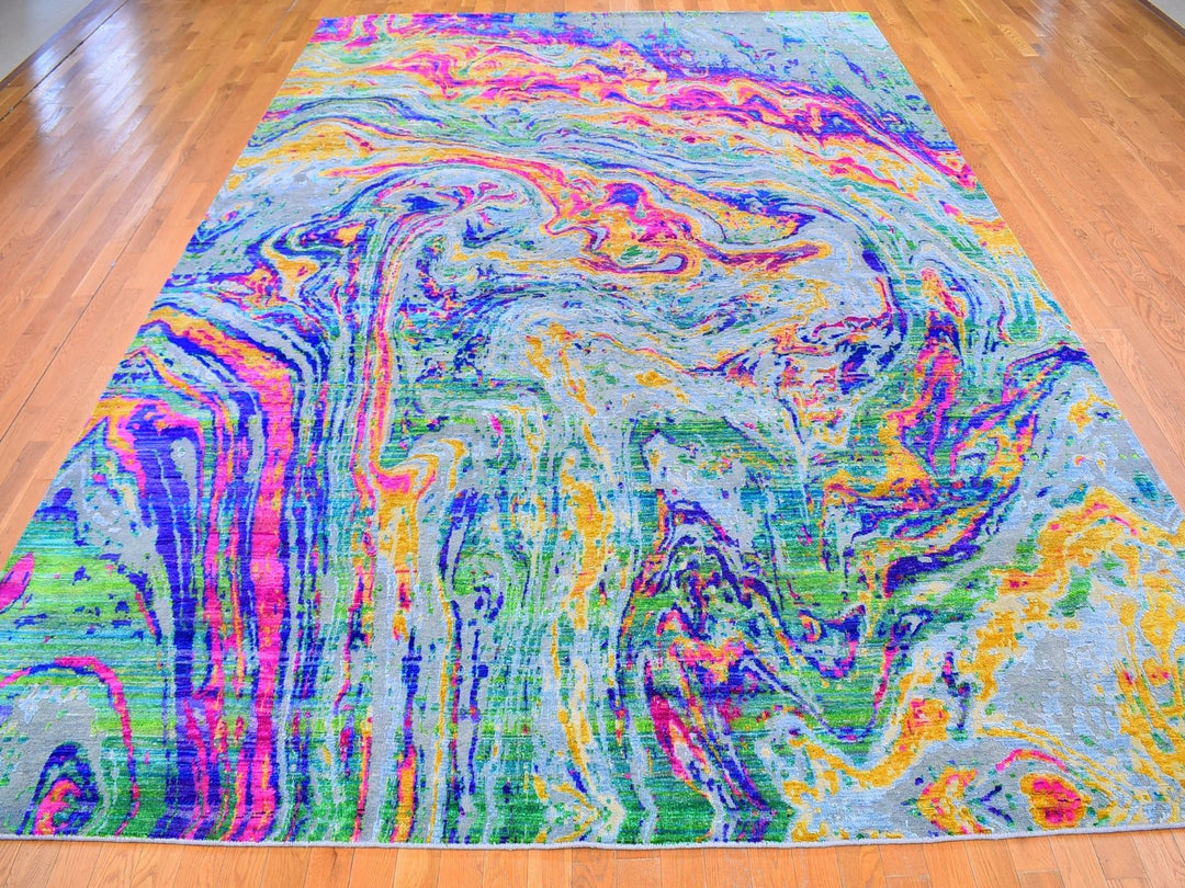 9'10" x 13'7" New Hand Knotted Yellow Wool & Sari Silk Rectangle Oriental Rug - MOA10259470