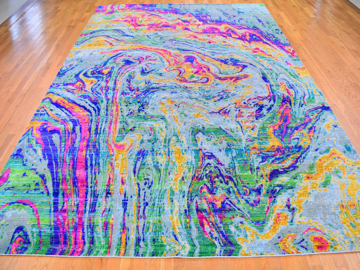 9'10" x 13'7" New Hand Knotted Yellow Wool & Sari Silk Rectangle Oriental Rug - MOA10259470