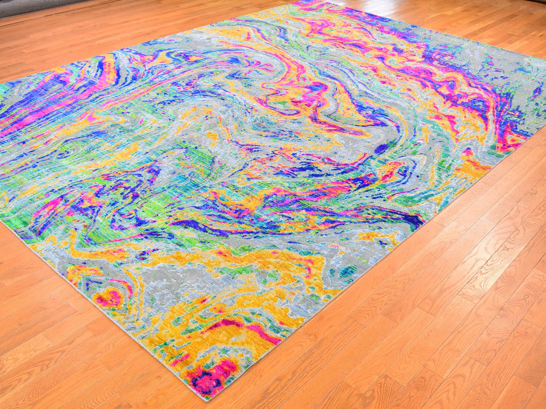 9'10" x 13'7" New Hand Knotted Yellow Wool & Sari Silk Rectangle Oriental Rug - MOA10259470