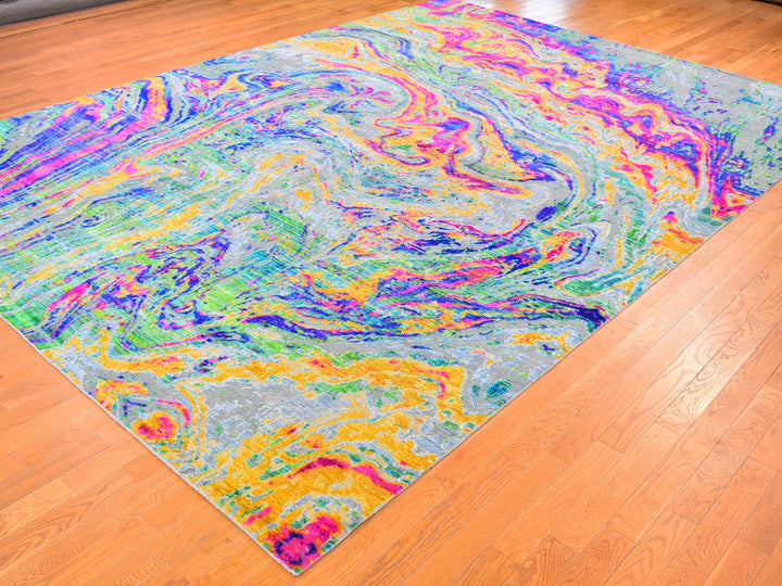 9'10" x 13'7" New Hand Knotted Yellow Wool & Sari Silk Rectangle Oriental Rug - MOA10259470