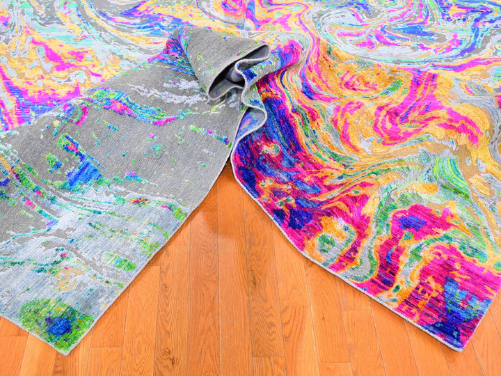 9'10" x 13'7" New Hand Knotted Yellow Wool & Sari Silk Rectangle Oriental Rug - MOA10259470