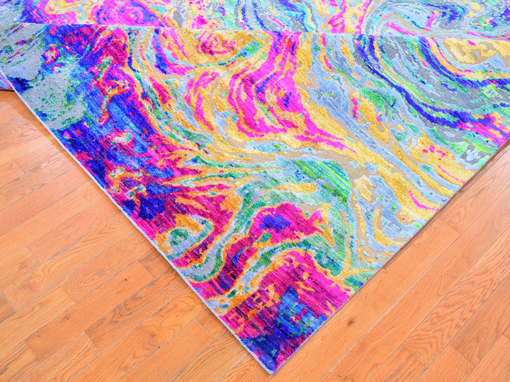 9'10" x 13'7" New Hand Knotted Yellow Wool & Sari Silk Rectangle Oriental Rug - MOA10259470