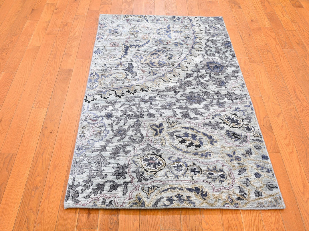3'0" x 5'3" New Hand Knotted Grey Wool & Silk Rectangle Oriental Rug - MOA10259486
